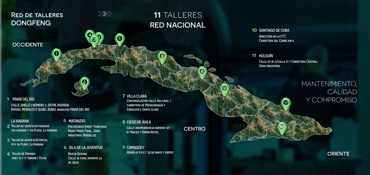 Mapa de Cuba con 11 marcadores que localizan los talleres de Dongfeng y un listado de direcciones de la red nacional.