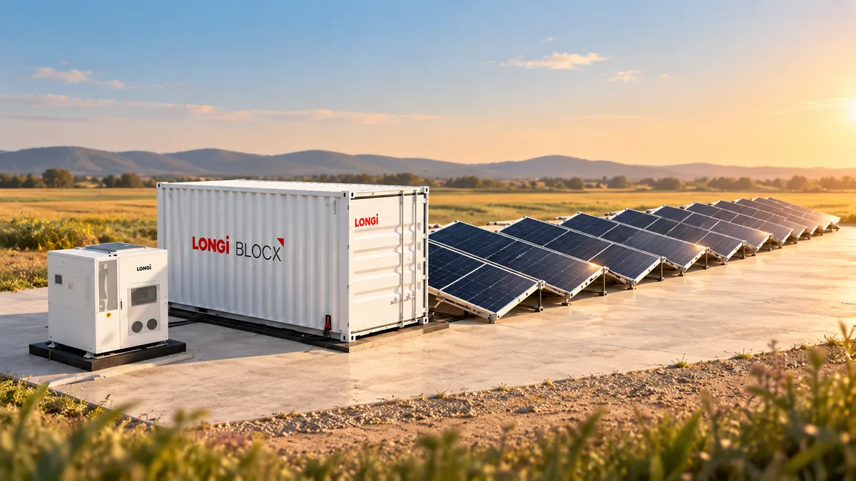 Ilustración del sistema solar móvil LONGi BLOCK, con contenedor blanco, equipo auxiliar y paneles fotovoltaicos desplegados en un entorno rural de campos y colinas.