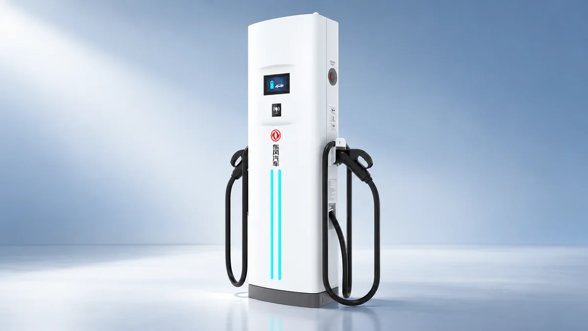 Recreación digital de una estación de carga Dongfeng blanca, con pantalla frontal, dos cables negros y tiras luminosas turquesa, sobre un fondo azul grisáceo minimalista.