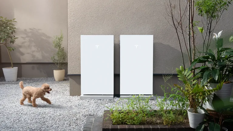 Dos baterías domésticas Tesla Powerwall blancas instaladas en el exterior de una vivienda, con plantas y un perro pequeño en el jardín.