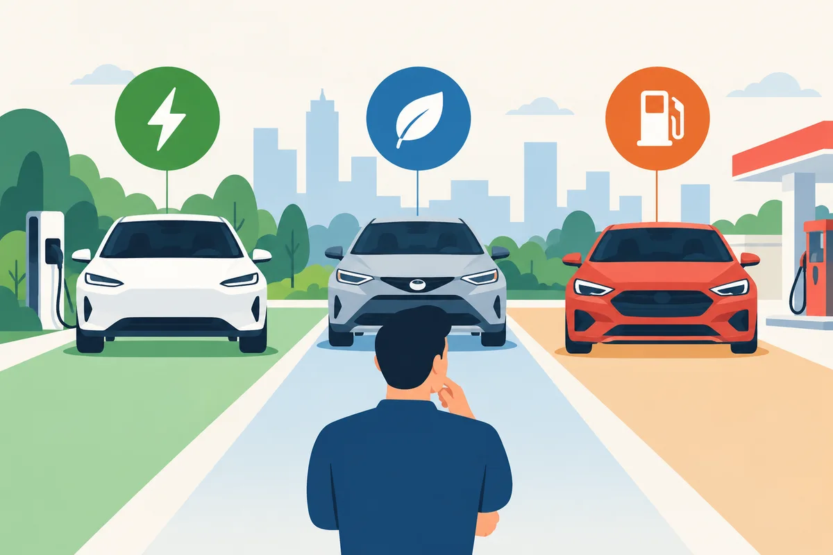 Ilustración editorial sobre la elección entre vehículos eléctricos, híbridos y de gasolina.