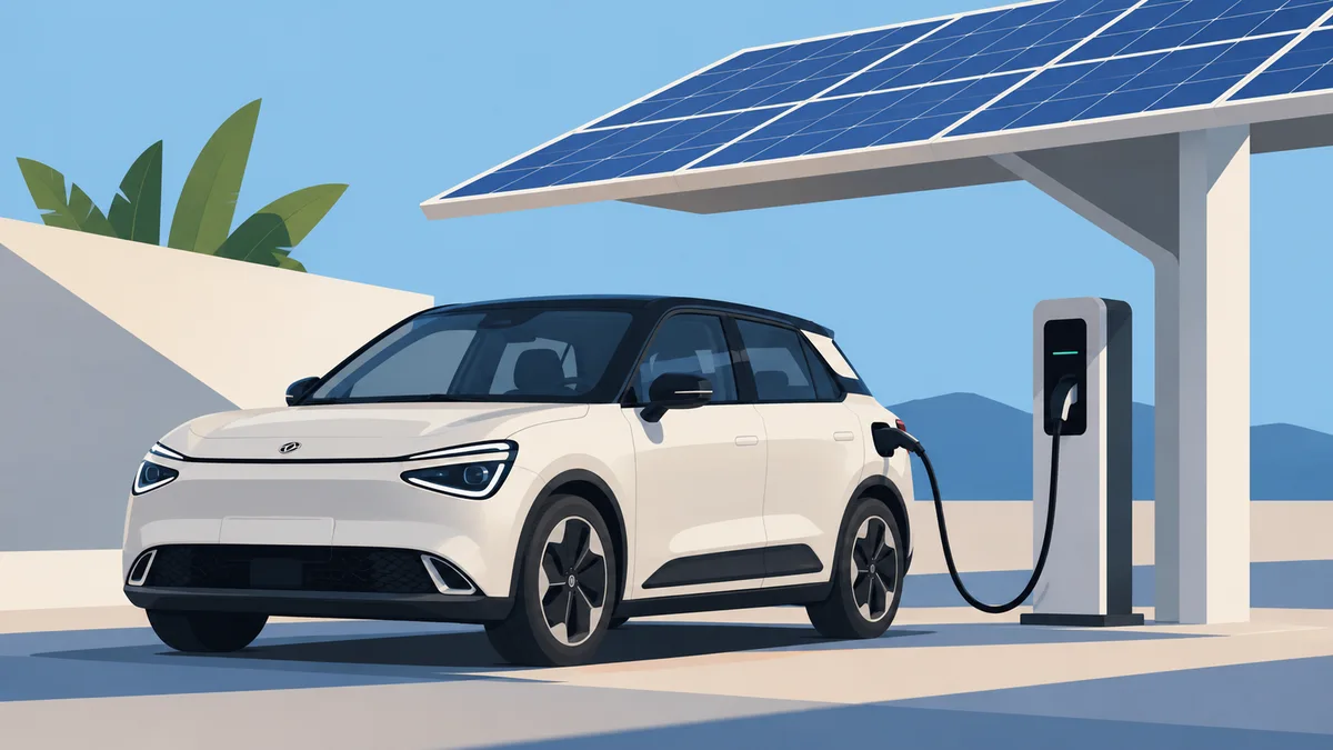 Ilustración editorial de un automóvil eléctrico inspirado en el Dongfeng Box conectado a un cargador bajo una marquesina de paneles solares.