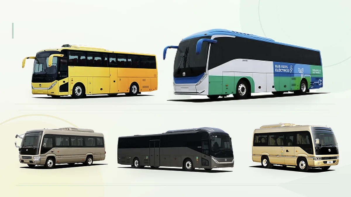 Composición de catálogo con cinco autobuses Zhongtong de distintos tamaños y colores, entre ellos un autocar rotulado como cien por ciento eléctrico.