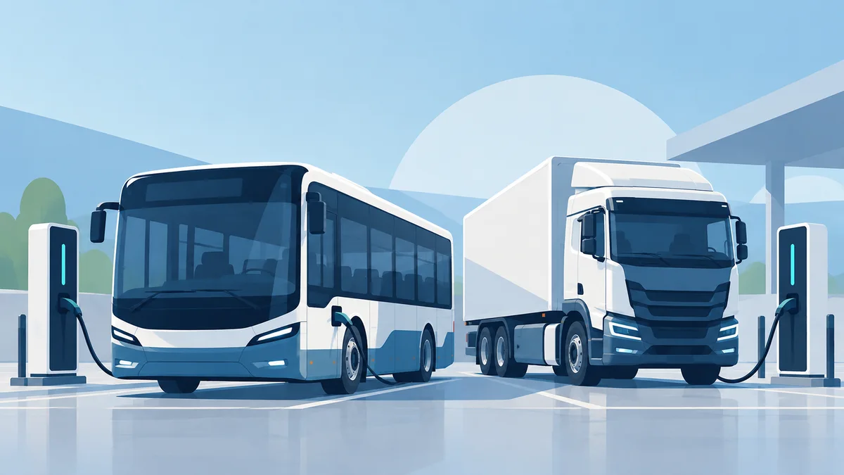 Ilustración de un autobús y un camión eléctricos conectados a dos estaciones de recarga en un depósito.