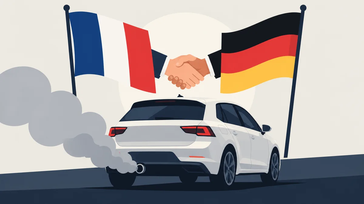 Ilustración de un automóvil blanco con humo de escape, las banderas de Francia y Alemania y un apretón de manos sobre el vehículo.