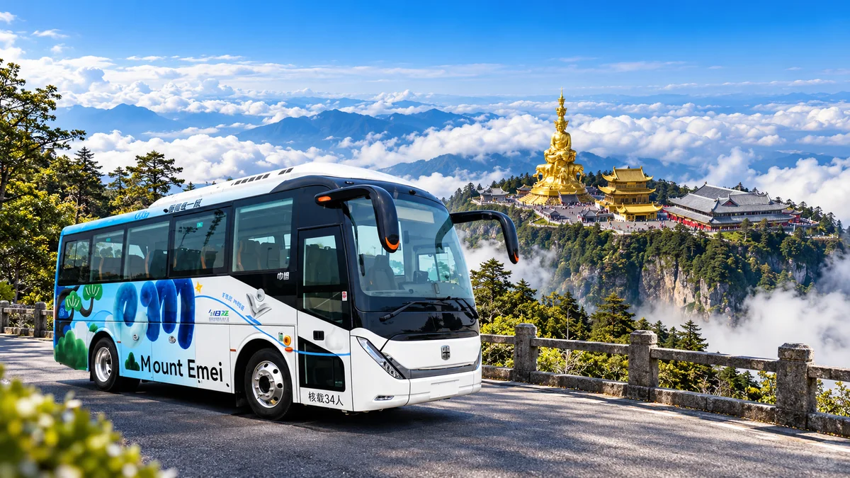 Ilustración editorial de un autocar eléctrico Zhongtong H8E blanco y azul, con la inscripción Mount Emei, junto al paisaje montañoso, los templos y una estatua dorada del monte Emei.