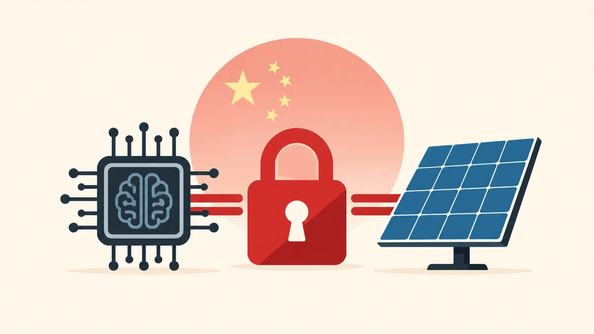 Ilustración de un microchip con símbolo de inteligencia artificial, un candado rojo y un panel solar bajo estrellas que representan a China.