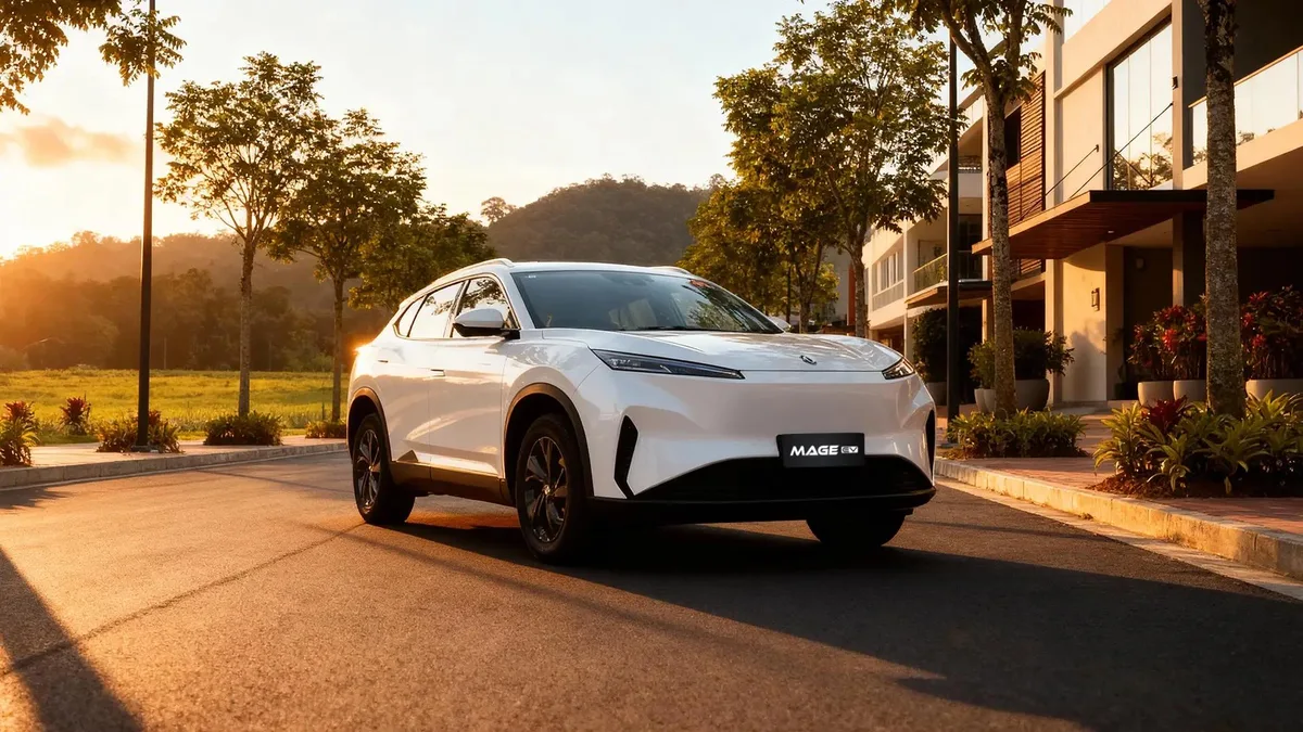SUV eléctrico Dongfeng Mage EV blanco, visto en perspectiva frontal de tres cuartos en una calle arbolada junto a edificios modernos al atardecer.