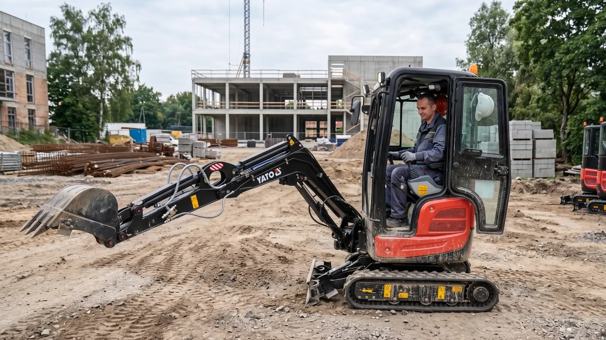 Miniexcavadora de orugas YATO YT-86300 con cabina cerrada, operada por un trabajador en una obra, con el brazo y el cucharón extendidos.