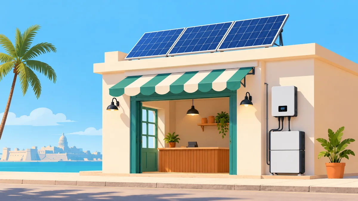 Ilustración de una tienda con toldo verde, paneles solares sobre el techo, un inversor y baterías de respaldo instalados en la fachada.