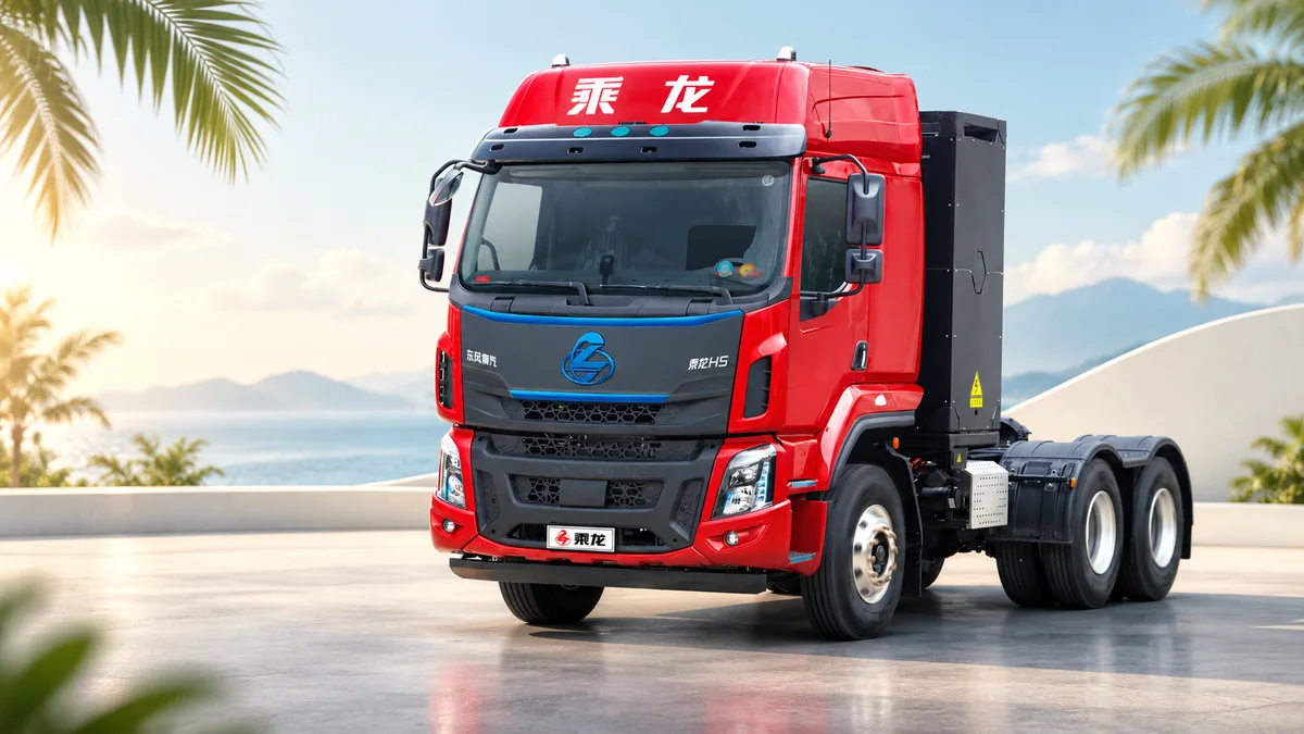 Cabeza tractora eléctrica Dongfeng Chenglong H5 de color rojo, vista de tres cuartos sobre un fondo tropical recreado con inteligencia artificial.