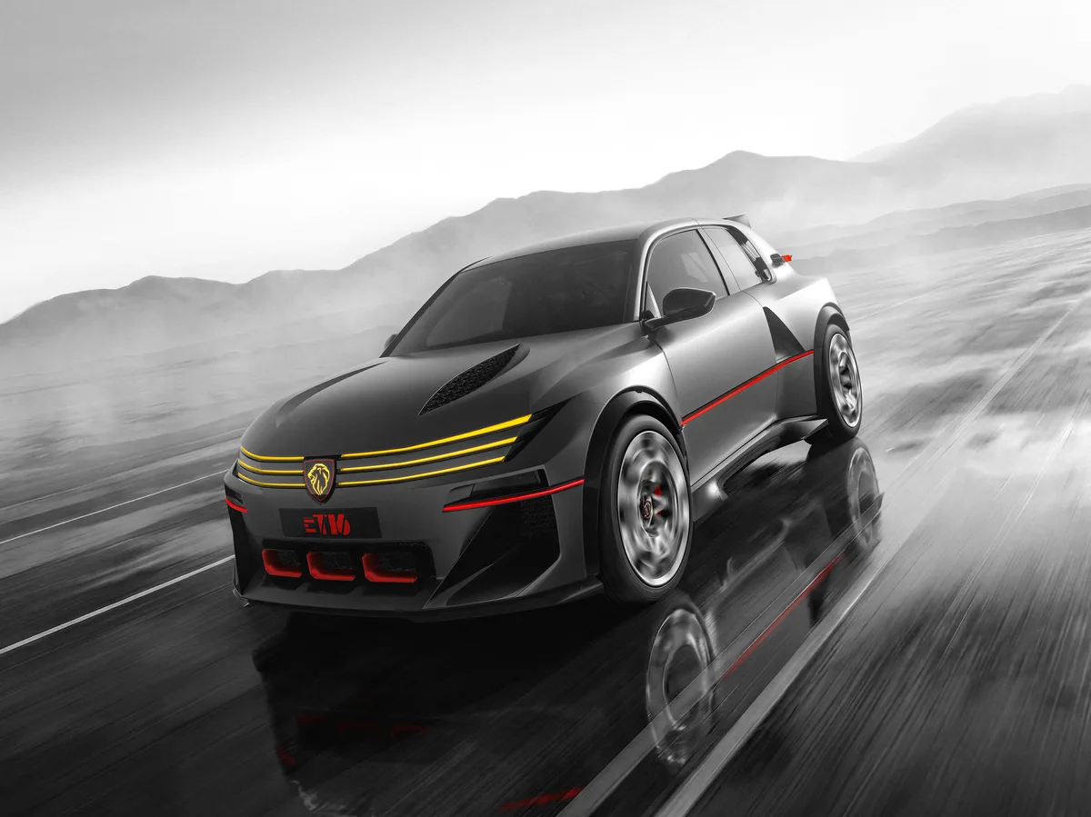 Peugeot E-T16 Concept gris oscuro con detalles amarillos y rojos en una carretera mojada