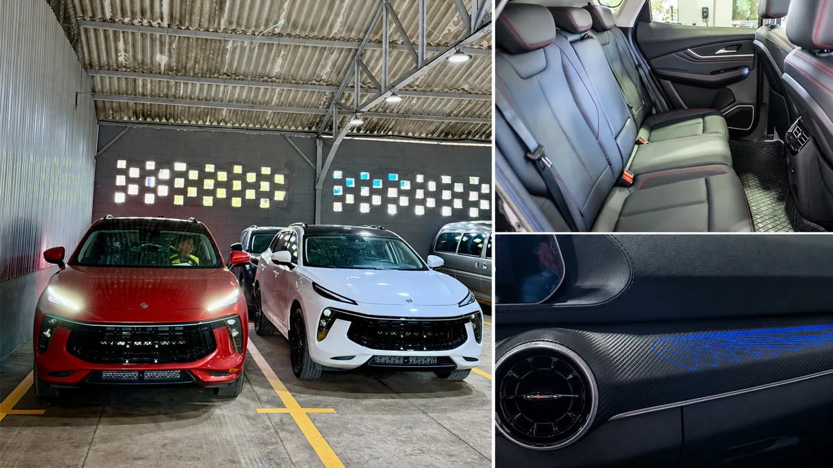 Collage del Dongfeng Forthing T5 EVO: dos SUV rojo y blanco en un almacén en Cuba, asientos traseros y detalle del salpicadero.