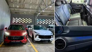 Collage del Dongfeng Forthing T5 EVO: dos SUV rojo y blanco en un almacén en Cuba, asientos traseros y detalle del salpicadero.