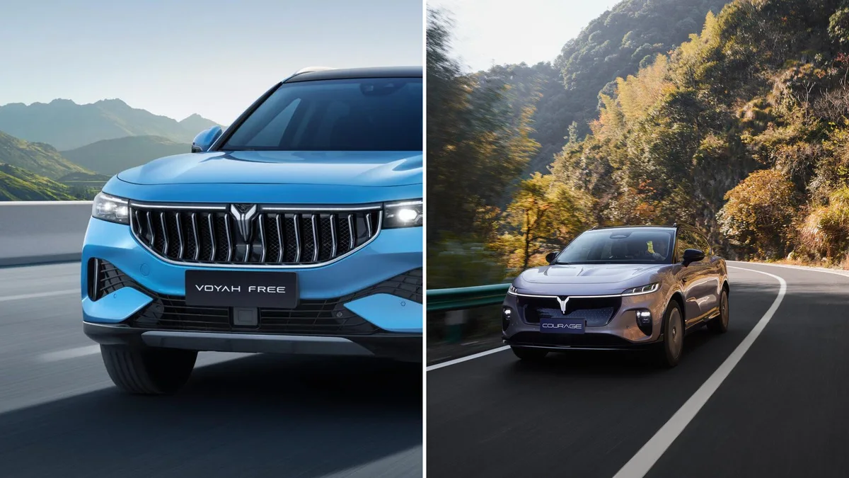 Collage de los SUV VOYAH Free azul y VOYAH Courage gris circulando por carreteras de montaña, separados por una línea blanca.