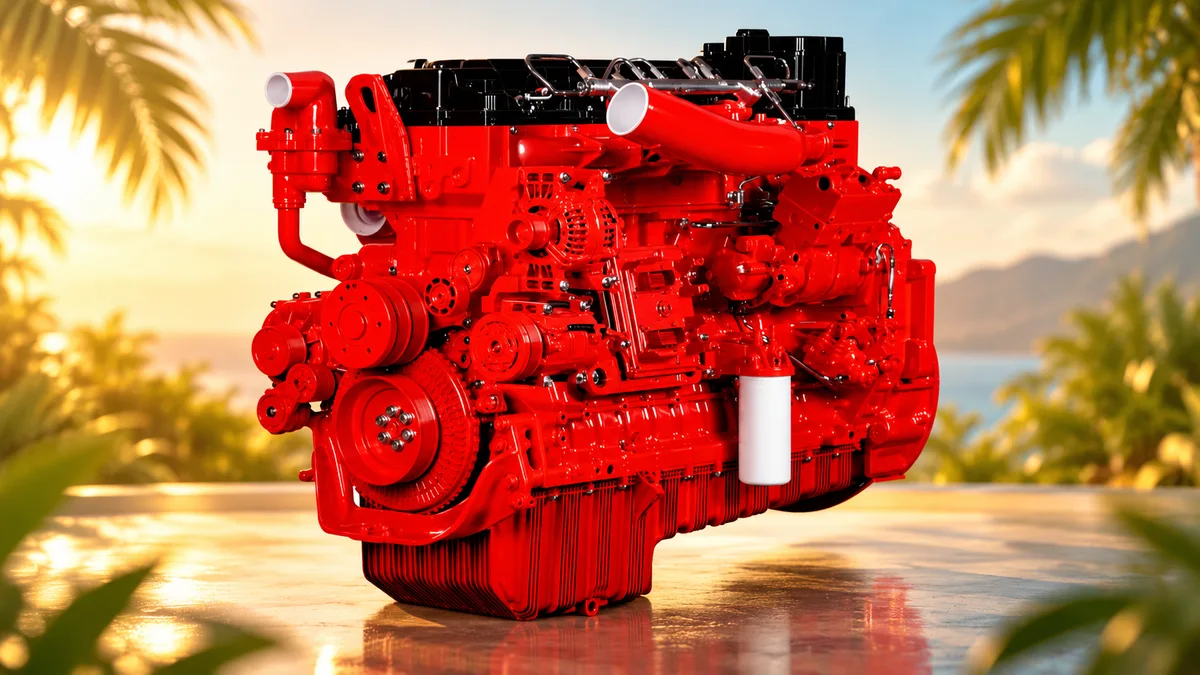 Recreación de un motor diésel rojo de la familia Dongfeng Cummins Z14, con poleas y tuberías visibles, sobre un fondo tropical de palmeras y luz cálida.