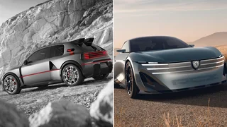 Collage de los prototipos Peugeot E-T16 Concept gris con alerón trasero en un paisaje rocoso, a la izquierda, y RCZ Vision plateado visto de frente, a la derecha, separados por una línea blanca.