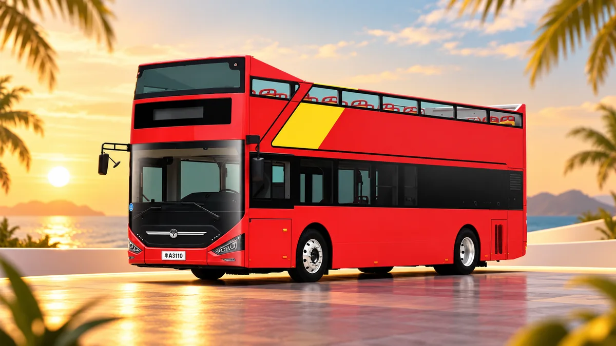 Ilustración de un autobús turístico eléctrico Zhongtong N11D rojo de dos pisos, con cubierta superior abierta, ante un paisaje tropical con palmeras al atardecer.