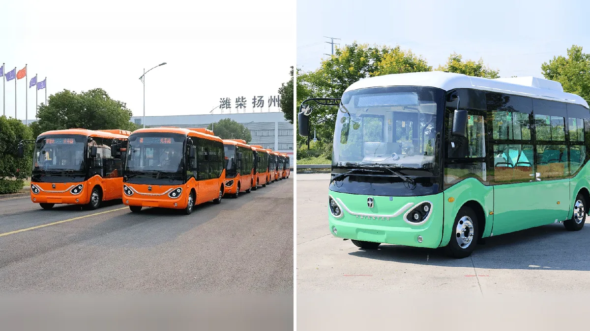 Collage de dos fotografías de autobuses Asiastar: a la izquierda, una fila de vehículos naranjas frente a una fábrica; a la derecha, un minibús verde estacionado al aire libre.